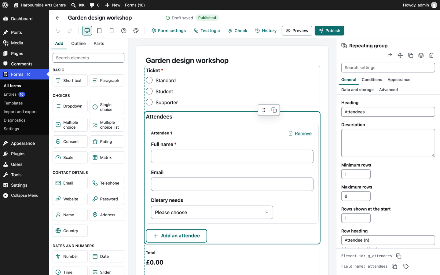 The builder: library on the left, the form in the middle, settings on the right