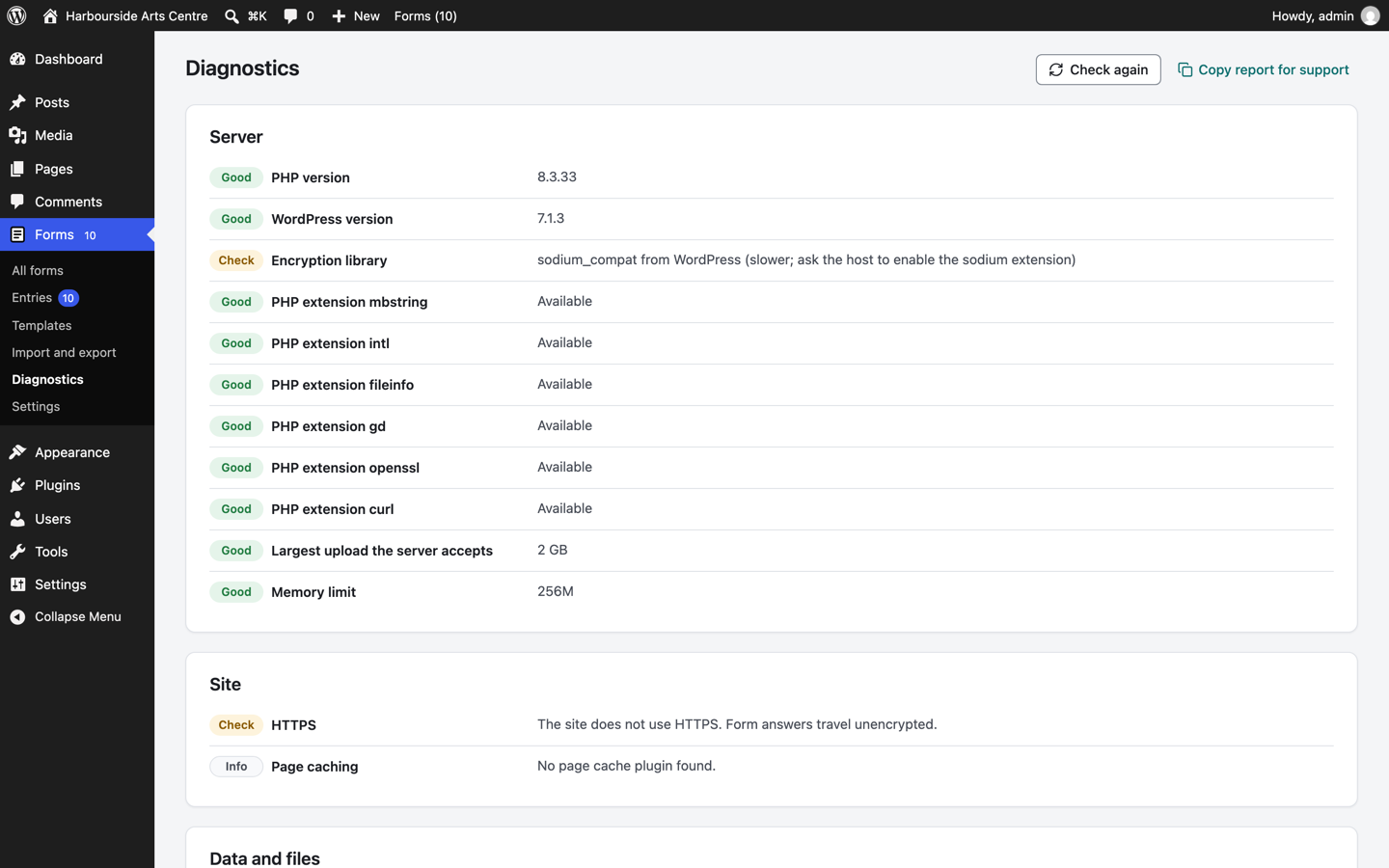 Diagnostics with a status for each check