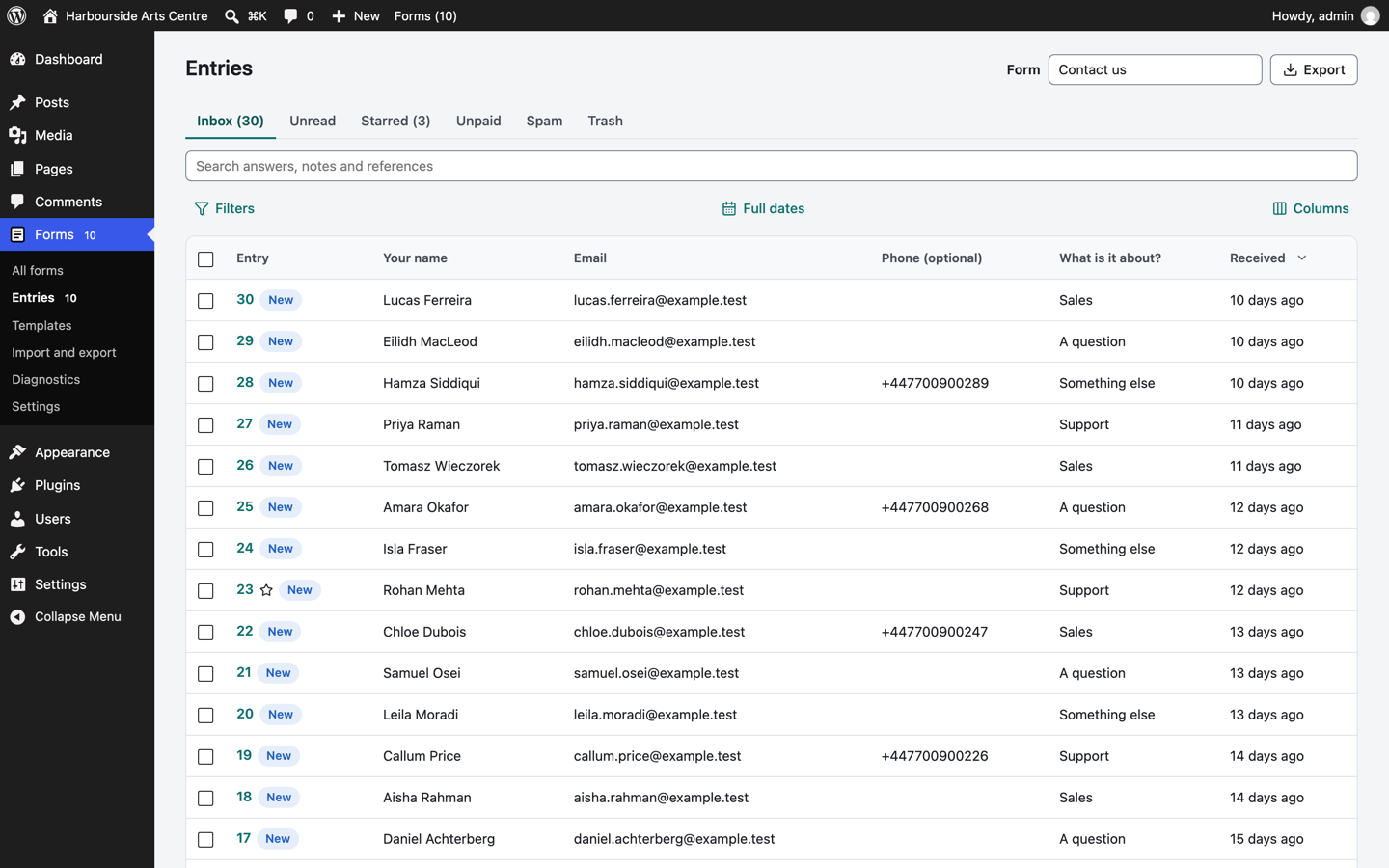 Entries of a contact form