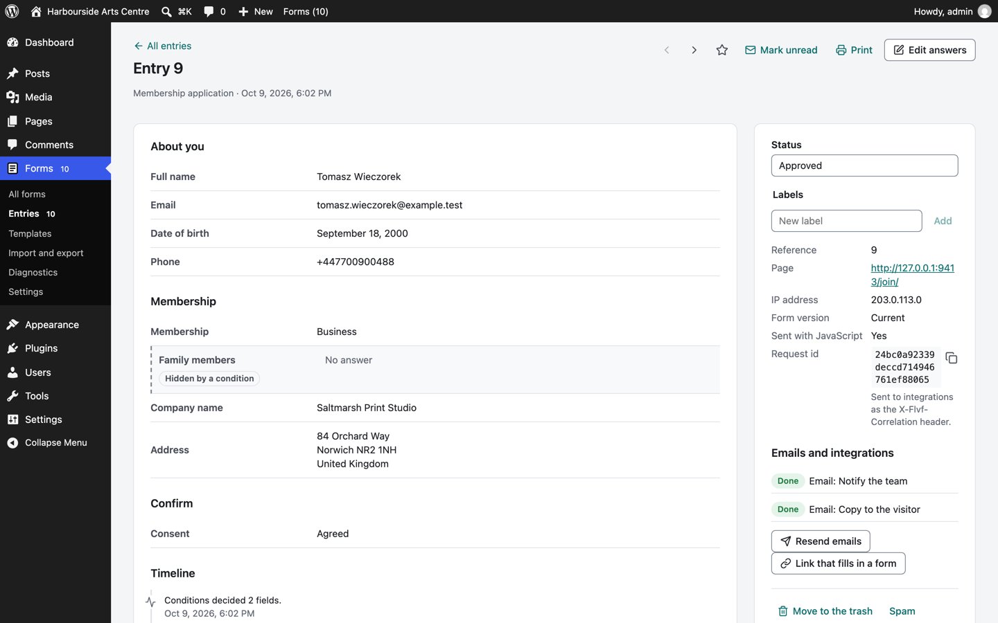 One entry: answers, status, labels, emails and the timeline