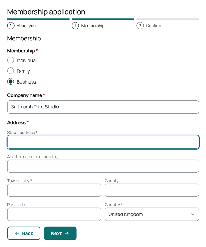 Step two of a membership form, with the progress bar