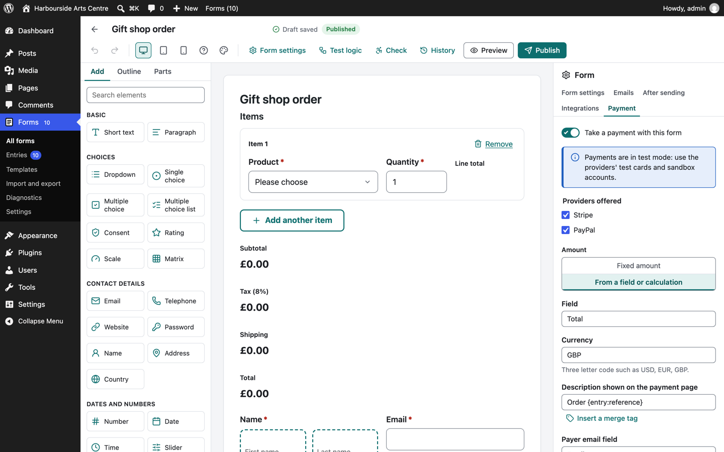 Payment settings of an order form, in test mode