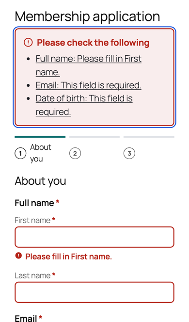 On a phone: the error summary links to each problem, and each field says what is wrong