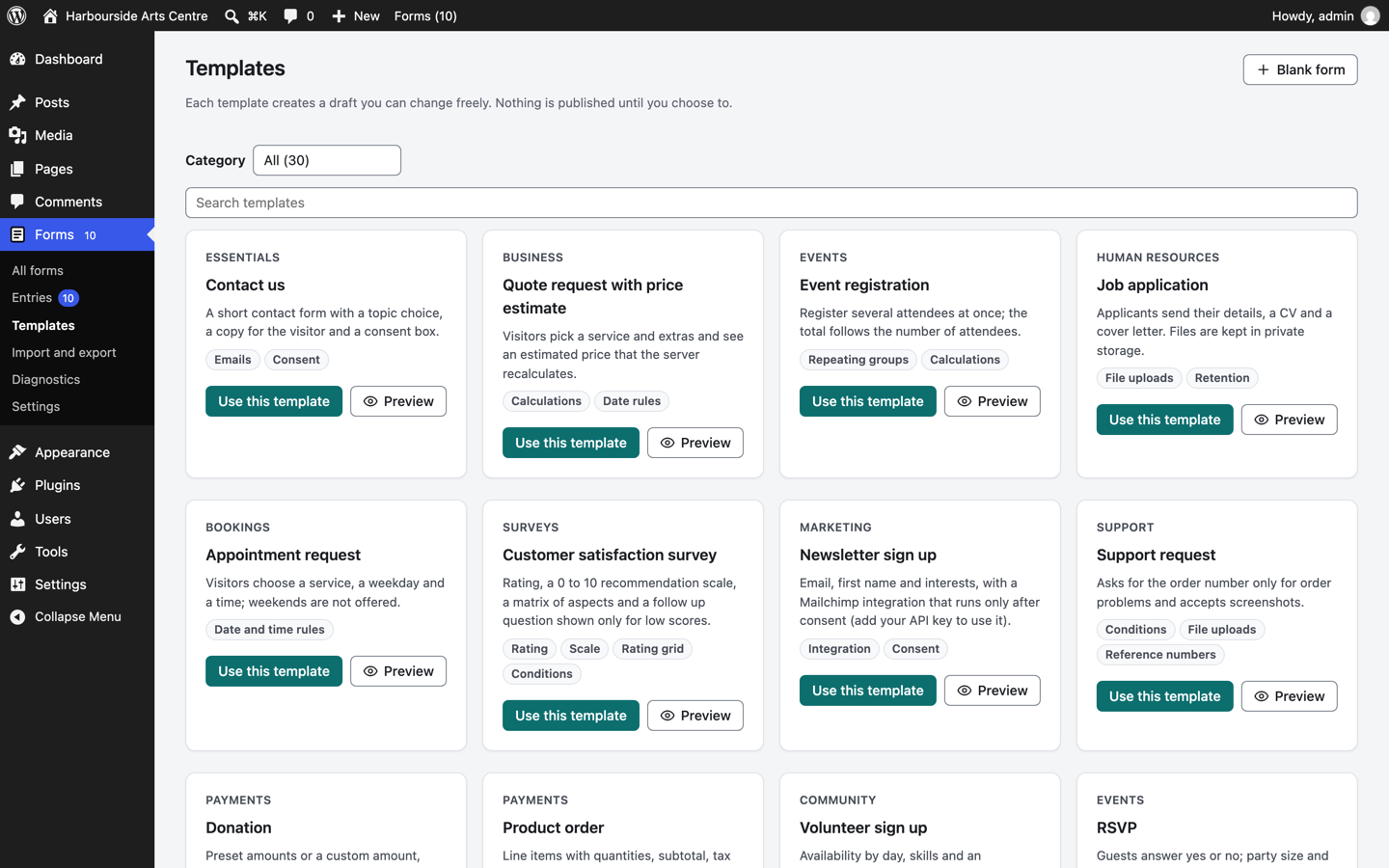 The template library: each template opens as a draft
