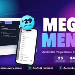 Flavonto Mega Menu: accessible mega menus built visually. 25 templates, 44 skins, 6 demos, US$29 one-time
